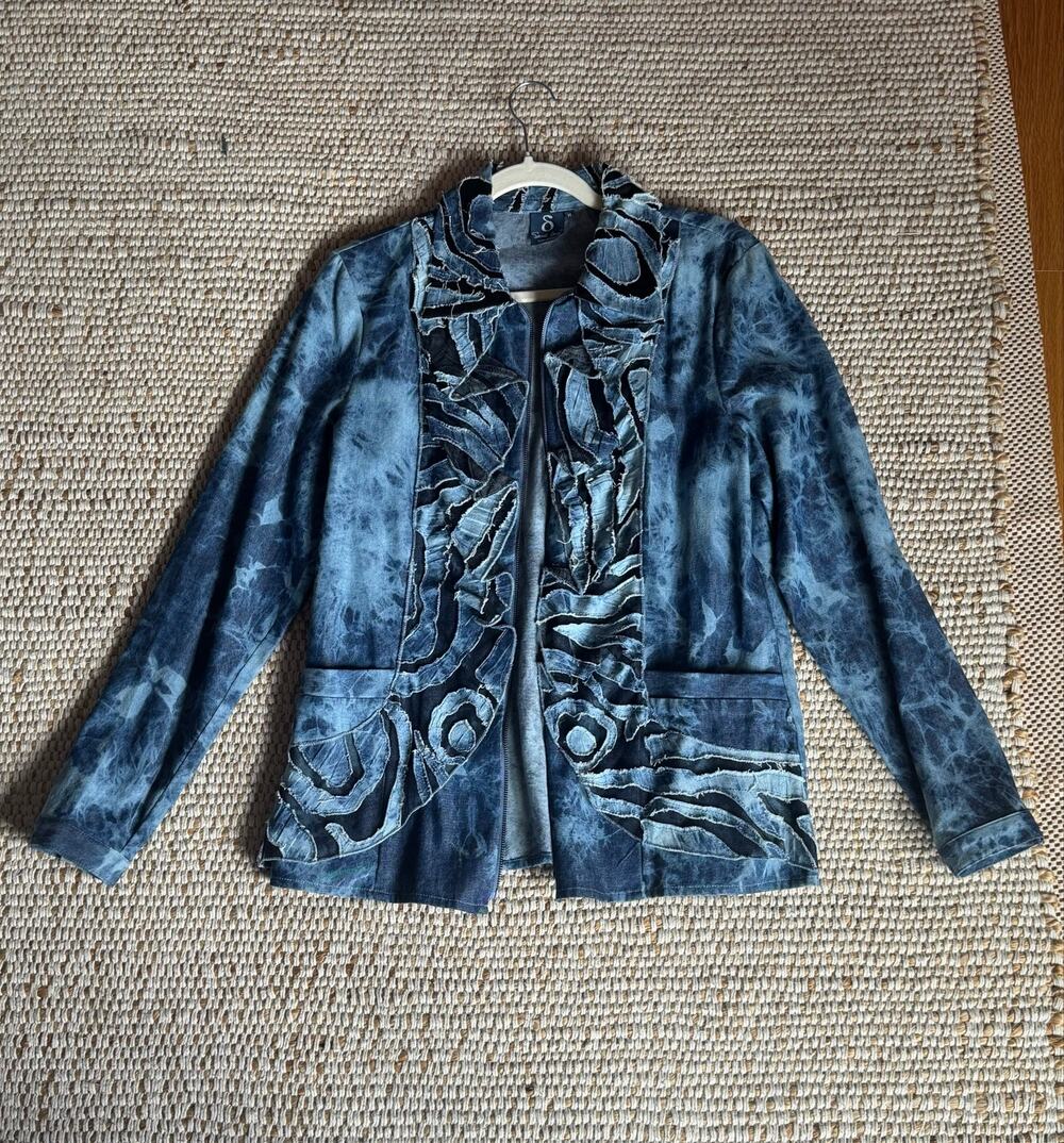 Samuel Dong Artsy Denim Blue Tie Dye Sculptural Ruffle Front Zip Up Shacket Sz M